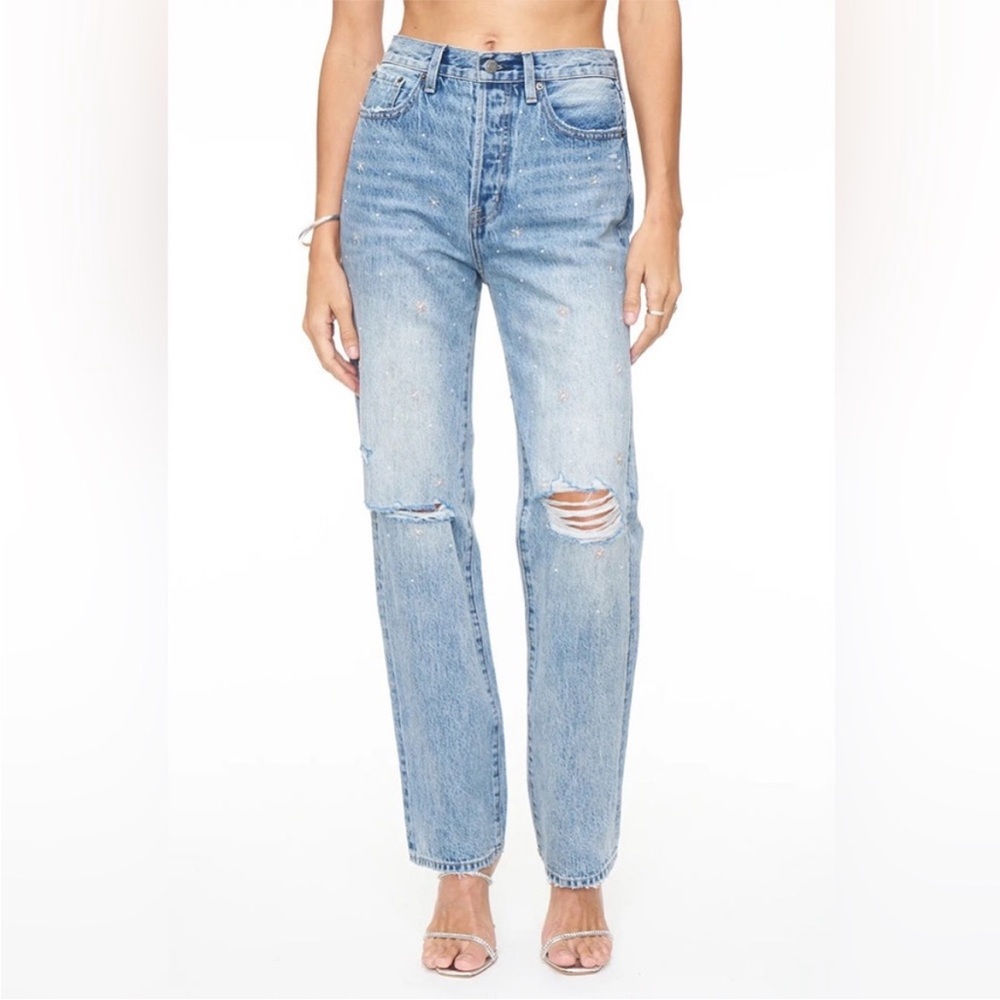 NWT PISTOLA Cassie City Lights Distressed High Rise Straight Jeans emblishments